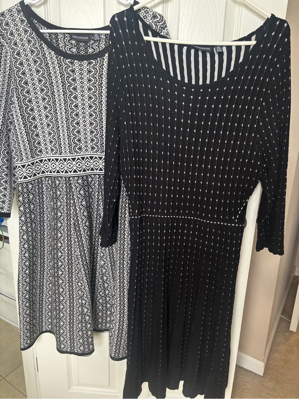 Nina Leonard Black Knit Long-Sleeve Fit-and-Flare Dress with White Stitching